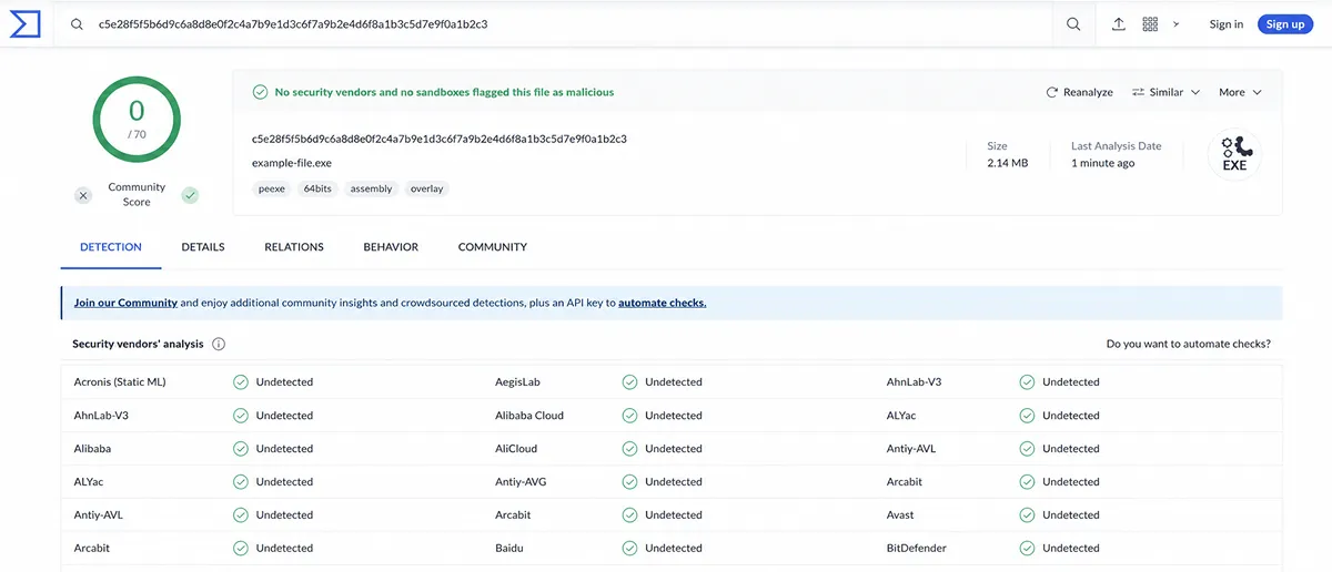 Результата проверки файла на сайте VirusTotal (0 из 70+ детектов) Результат проверки файла на вирусы на сайте VirusTotal