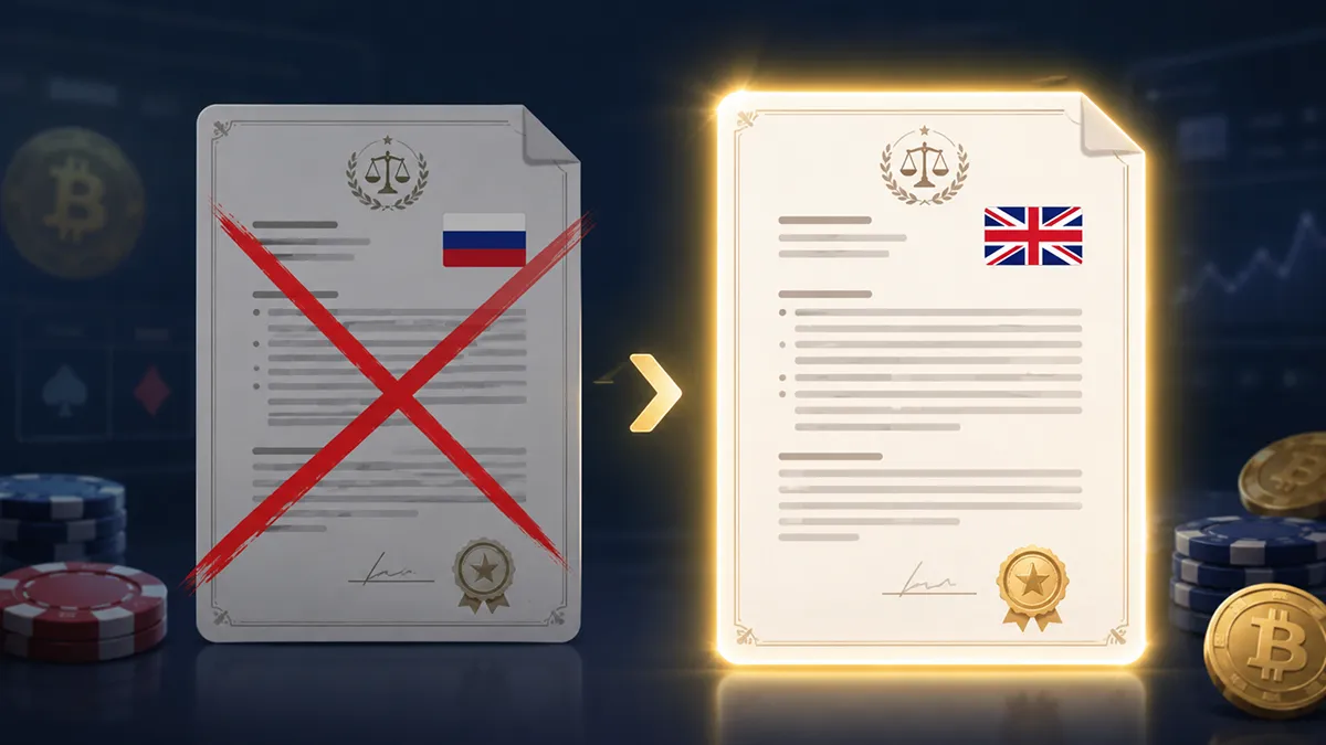 Два одинаковых документа, один с флагом РФ перечёркнут, другой с флагом Великобритании подсвечен Символ приоритета английской версии правил в биткоин-казино