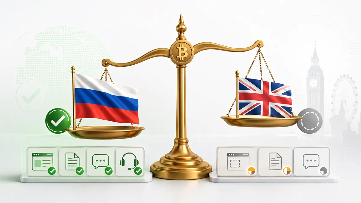 Весы, на одной чаше флаг России (полная локализация), на другой — флаг Великобритании (частичная) Символ сравнения уровней русской локализации биткоин-казино