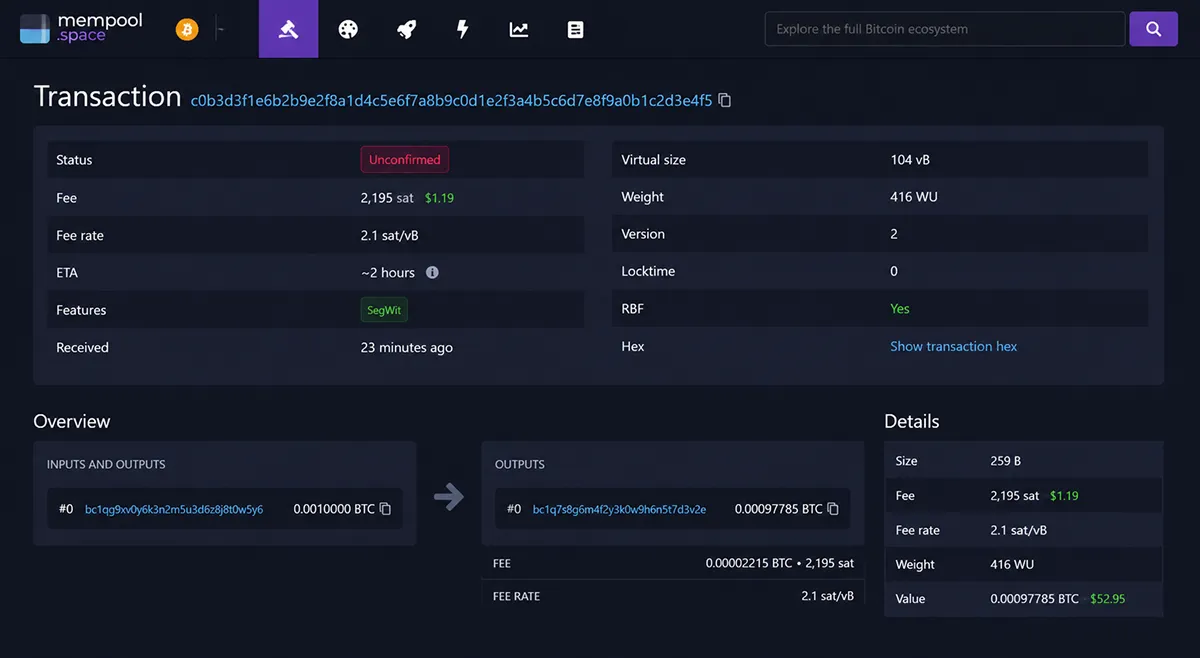 Транзакции со статусом Транзакция со статусом Unconfirmed в очереди mempool.space