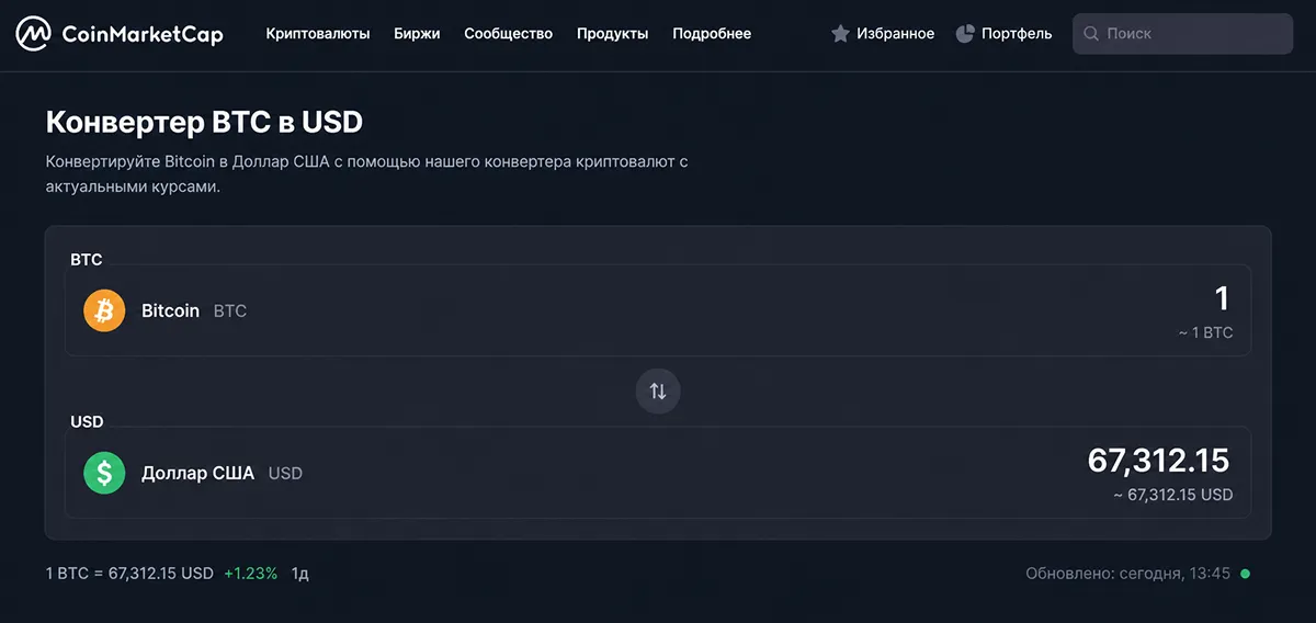 Конвертера курса BTC/USD (например, в приложении кошелька или на CoinMarketCap) Конвертер курса Bitcoin к доллару