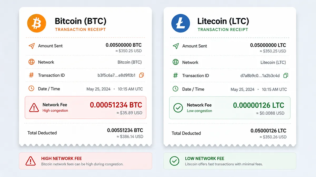 Мокап: два чека/квитанции рядом — один с высокой сетевой комиссией BTC, другой с низкой комиссией… Сравнение сетевых комиссий Bitcoin и Litecoin/TON