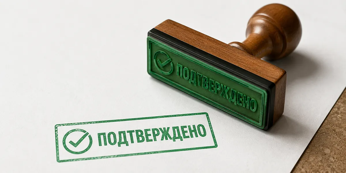 Резиновая печать с зелёными чернилами, приложенная к бумаге Символ подтверждения предложения редакцией