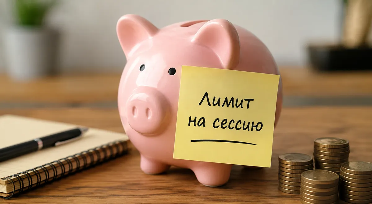Копилка с приклеенной запиской «Лимит на сессию» Символ установки лимита на игровую сессию