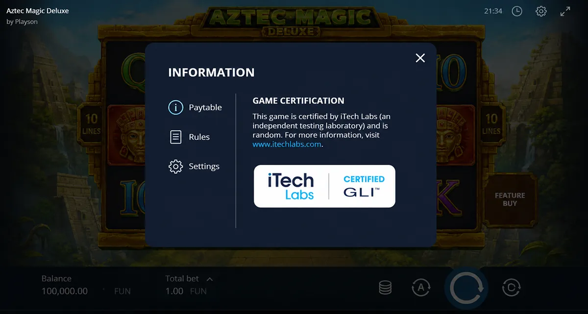 Сертификационного значка (iTech Labs / GLI) в информационном окне публичного демо-слота Сертификационный значок независимой лаборатории в слоте