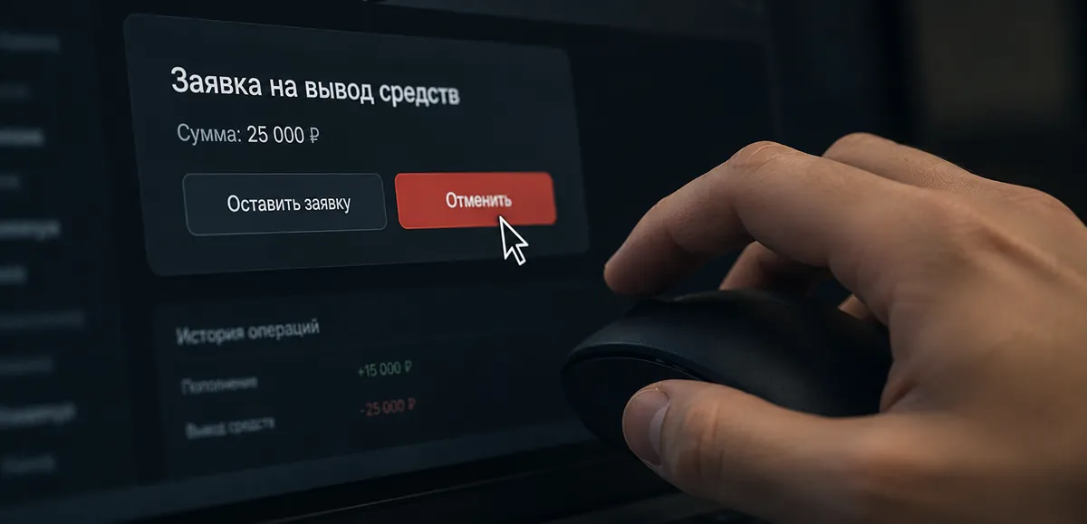 Рука с курсором мыши зависла над кнопкой «Отменить» на экране Символ соблазна отменить заявку на вывод