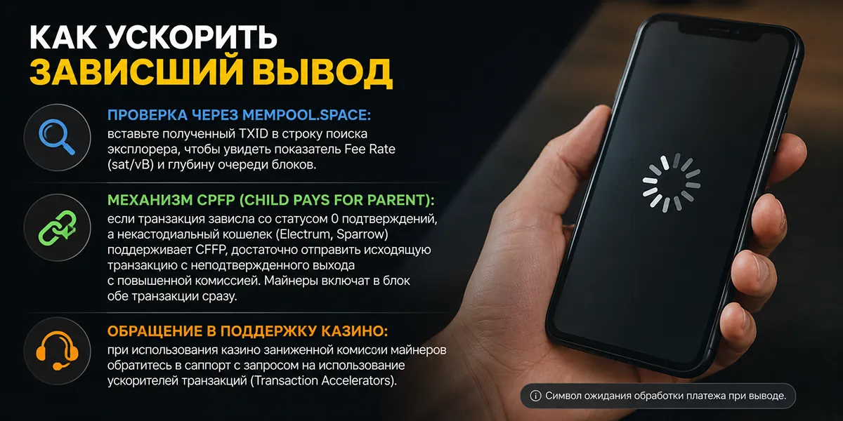Рука держит телефон с обычным крутящимся индикатором загрузки на экране Символ ожидания обработки платежа при выводе