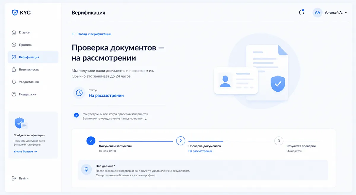 Мокап: экран статуса верификации «Проверка документов — на рассмотрении» с индикатором прогресса Статус проверки документов KYC на рассмотрении