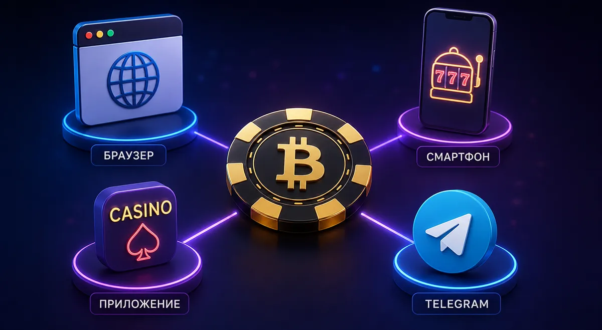 Четыре иконки (браузер, смартфон, приложение, Telegram) вокруг игровой фишки в центре Символ разных каналов доступа к биткоин-казино