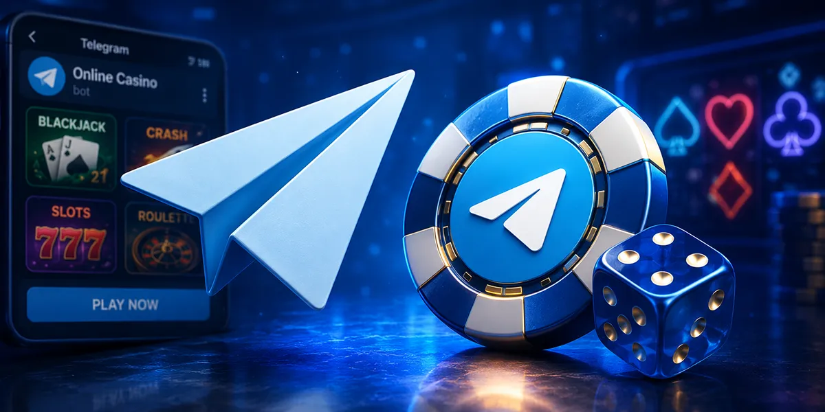 Бумажный самолётик Telegram рядом с игральной костью или фишкой Символ казино в мессенджере Telegram